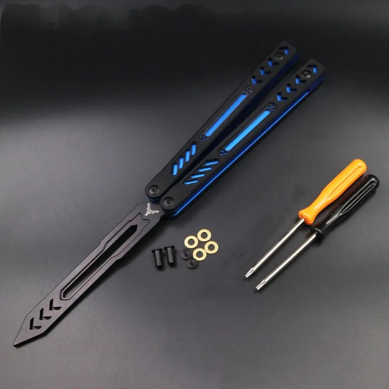 Unbladed aluminium handle butterfly knife trainer with G10 grip patches, shown in expanded 25.5cm position.