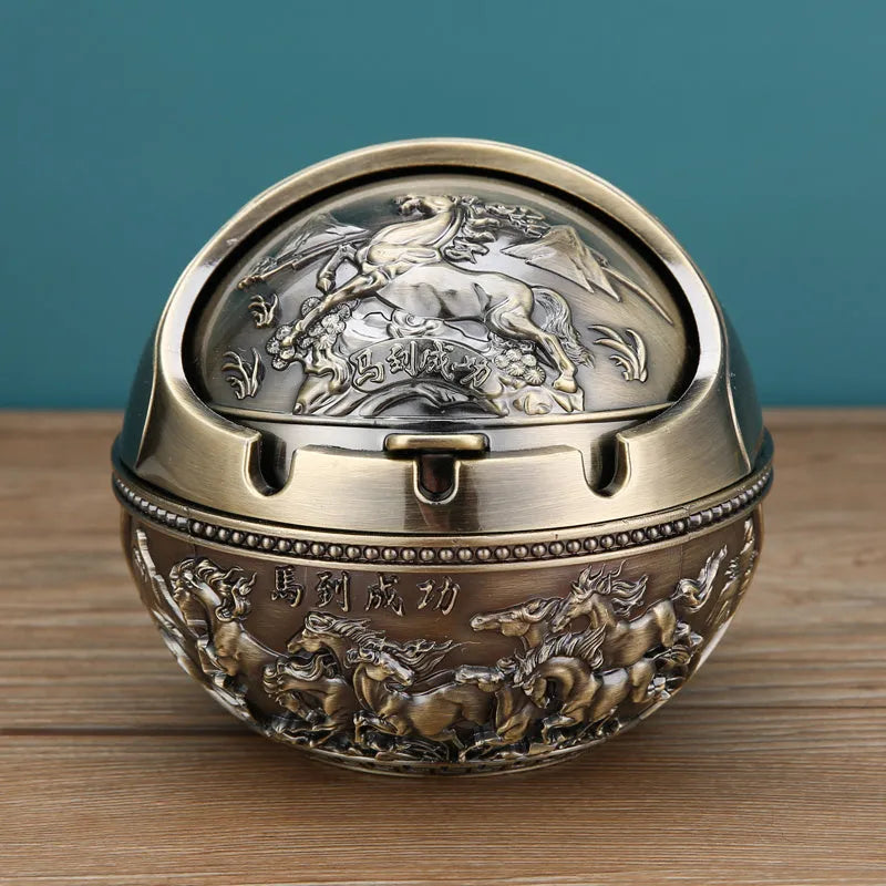 XL decorative alloy ashtray with smoke slot in bronze finish showing dragon and phoenix design