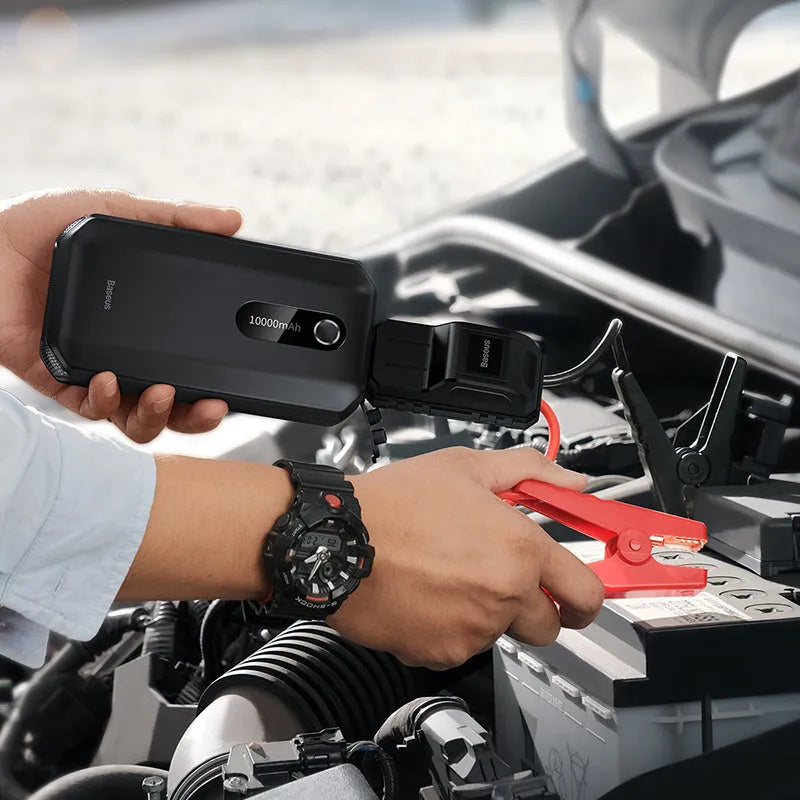 Vehicle mounted emergency lighter jump starter in black with 10000mAh battery and USB Type-C ports