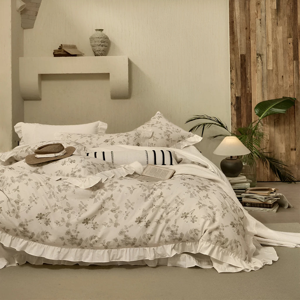 Cotton linen yarn-dyed printed four-piece bedding set in Raw Jute Colour with plants and flowers pattern on a bed