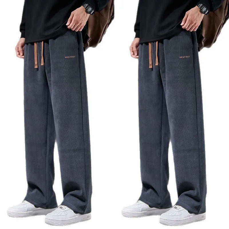 Men's loose straight-leg fleece-lined trousers in dark gray, polyester fabric, mid-rise waist, side view