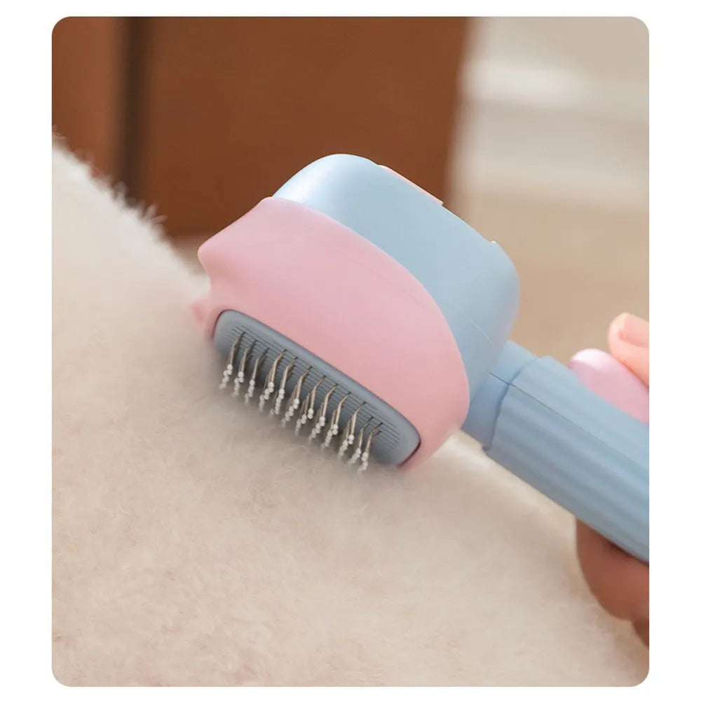 Blue double-sided pet grooming brush with deshedding rake and dematting comb on a 195mm handle.