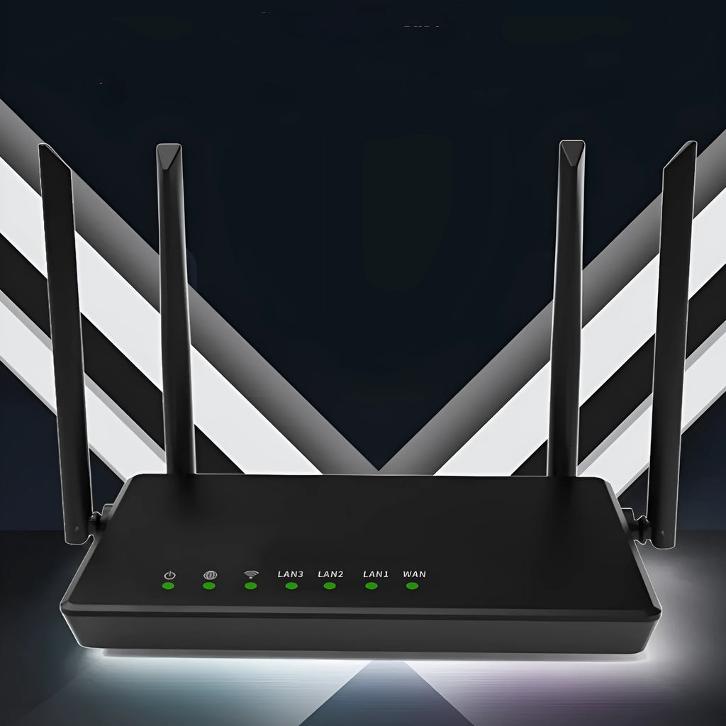 Portable 300 metre WiFi router in black or white with 4 LAN ports and compact metal design
