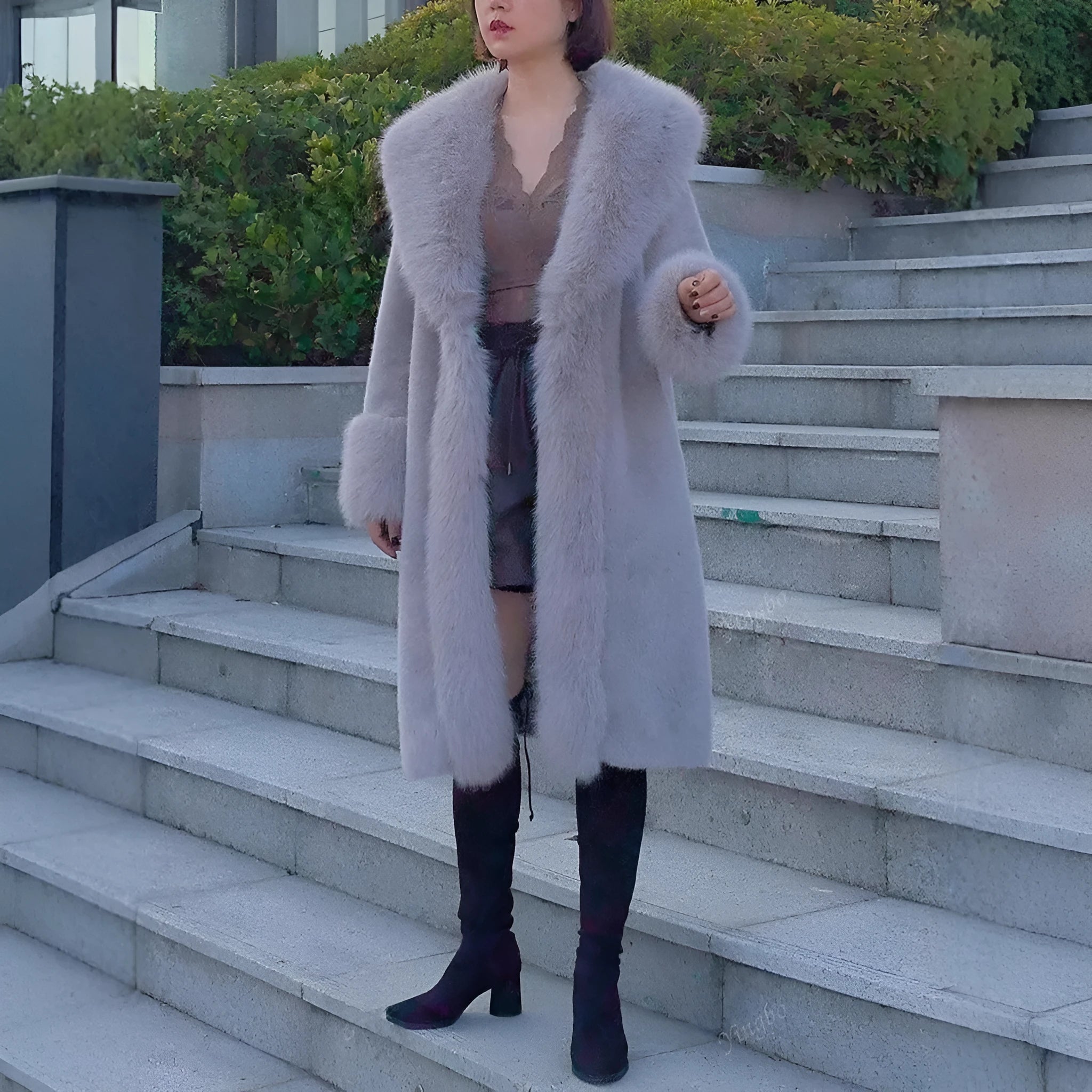 A woman wearing a thick grey faux rabbit fur mid-length coat with a fur collar.