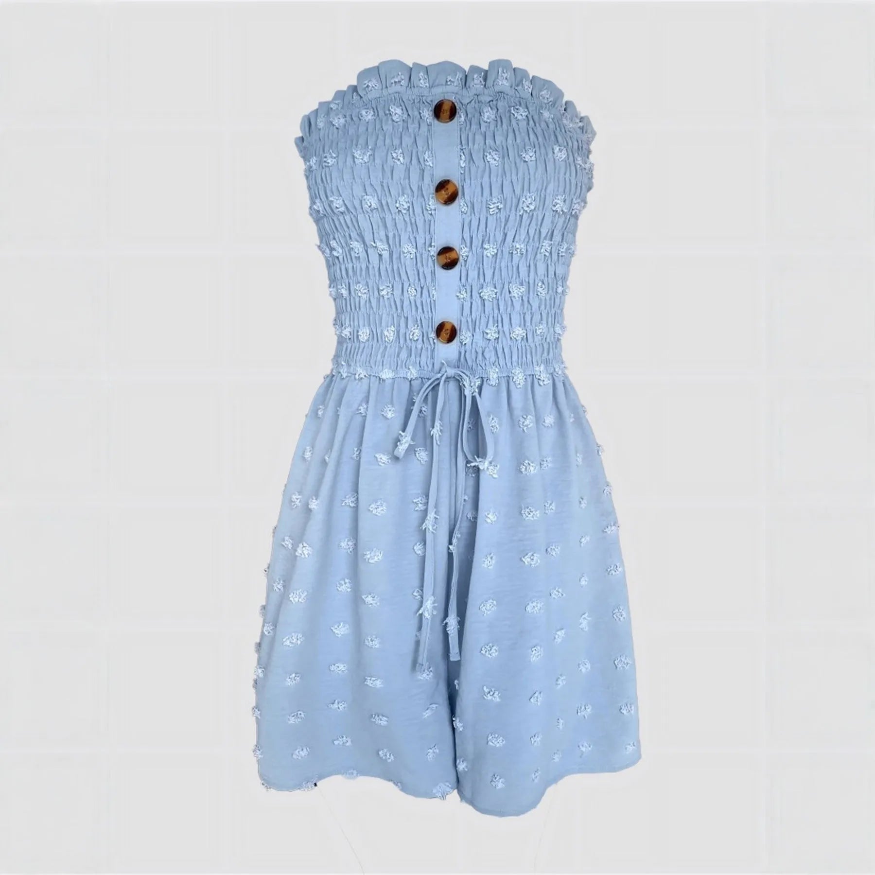 Women's off-shoulder sleeveless jumpsuit in blue polyester with button detail and mid-waist ankle-length design
