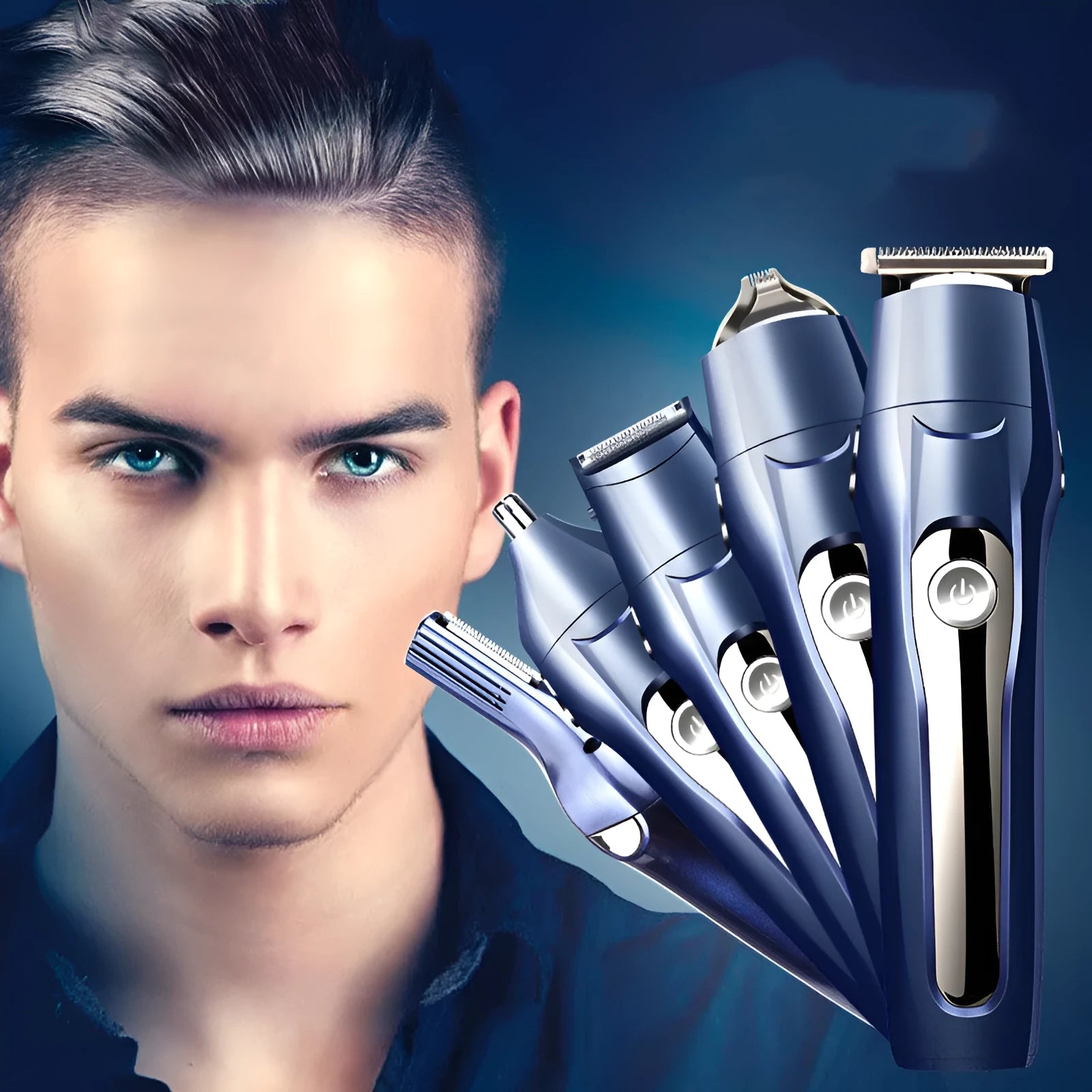 Blue adult multifunctional electric clipper with nose hair attachment and USB charging cable