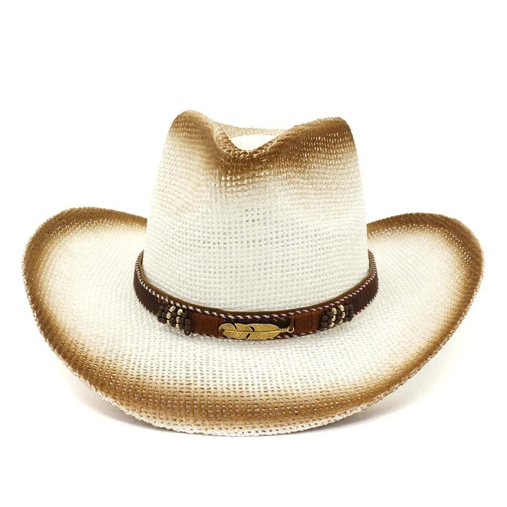 Western cowboy hat with spray paint pattern on straw material, bell crown shape, shown in neutral colour options