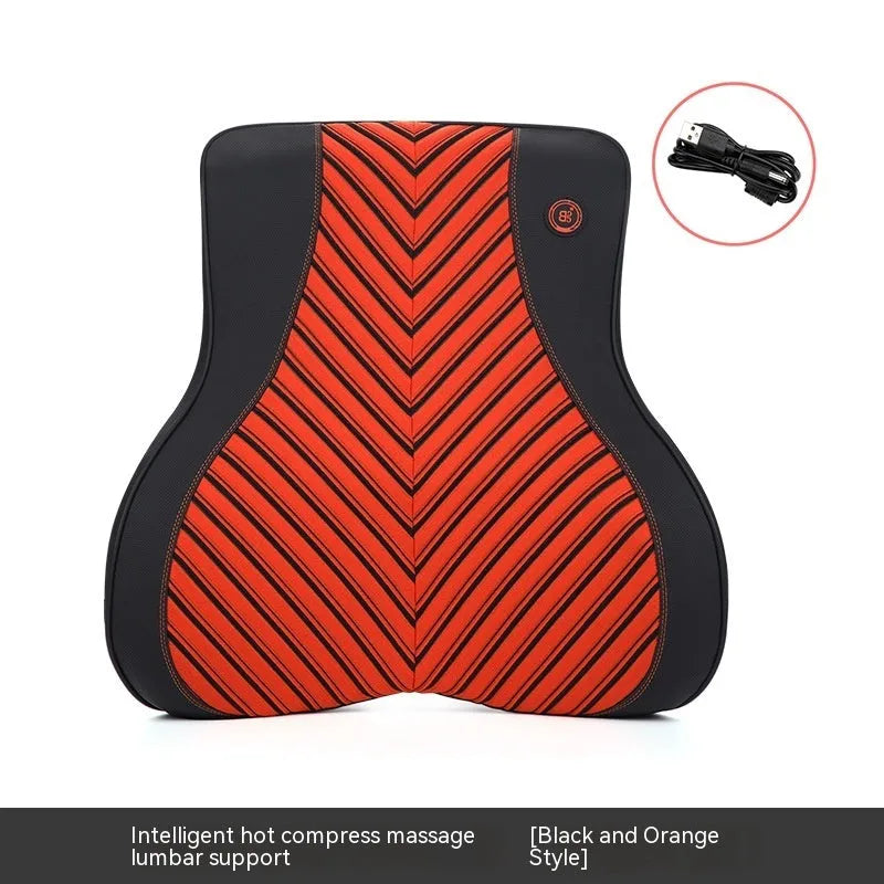 Car electric massage heating headrest and lumbar support cushion in black and orange colour