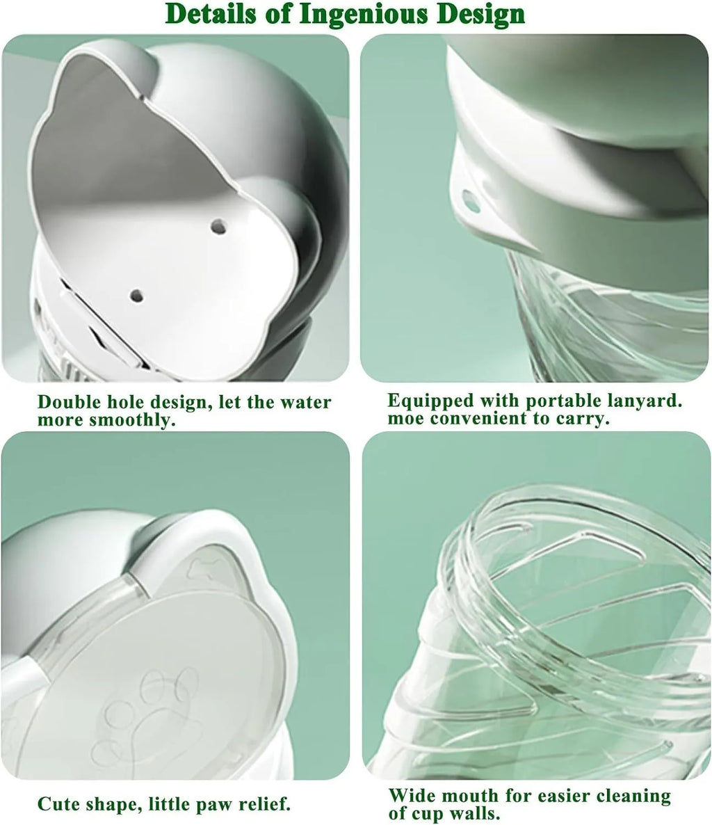 Green 3-in-1 portable pet water bottle with food container and poop bag dispenser, shown with carrying strap.