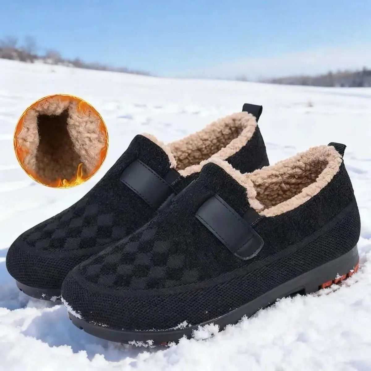 Women's Old Beijing cloth shoes with plaid upper, artificial velboa lining, and flat PVC sole in black, red, or khaki