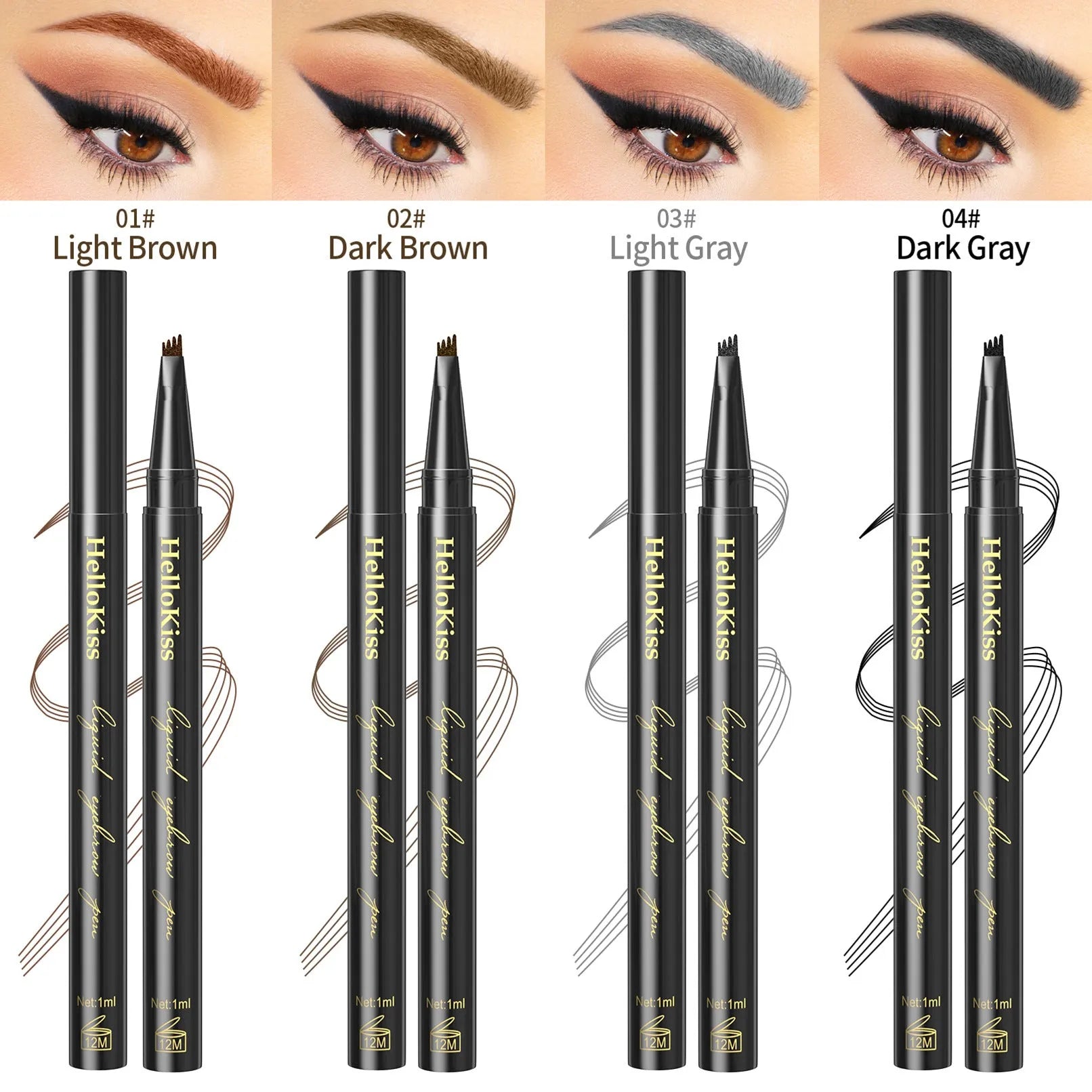 Hellokiss Four-fork Waterproof Ultra-fine Eyebrow Pencil in shades Light Brown, Dark Brown, Light Gray, Dark Gray