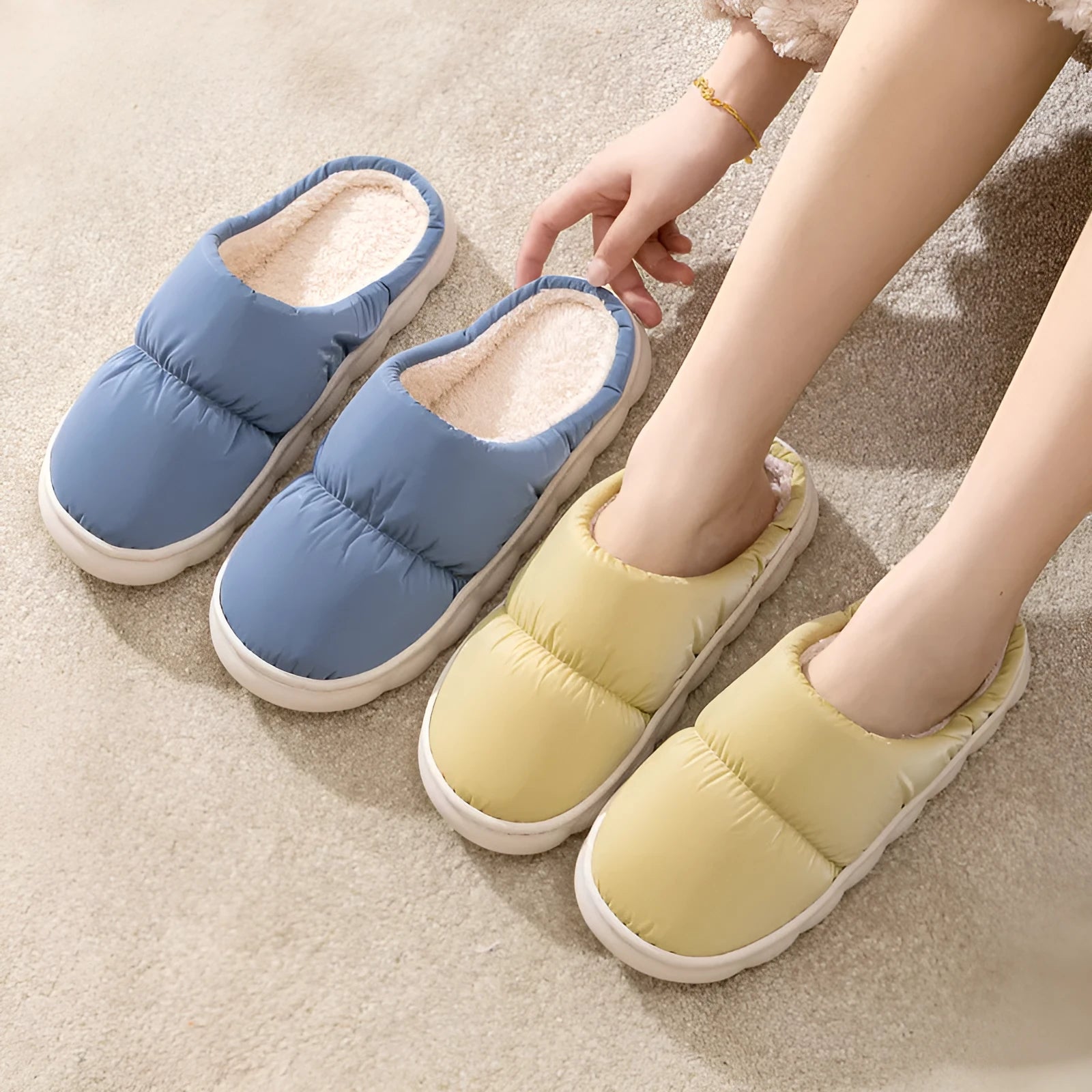 Down cotton slippers with rubber soles and artificial leather uppers in multiple colours