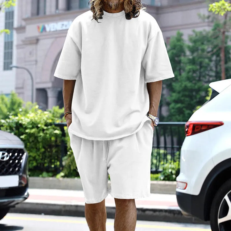 Men's 2-piece loose sports suit set with round neck T-shirt and drawstring shorts in solid colour