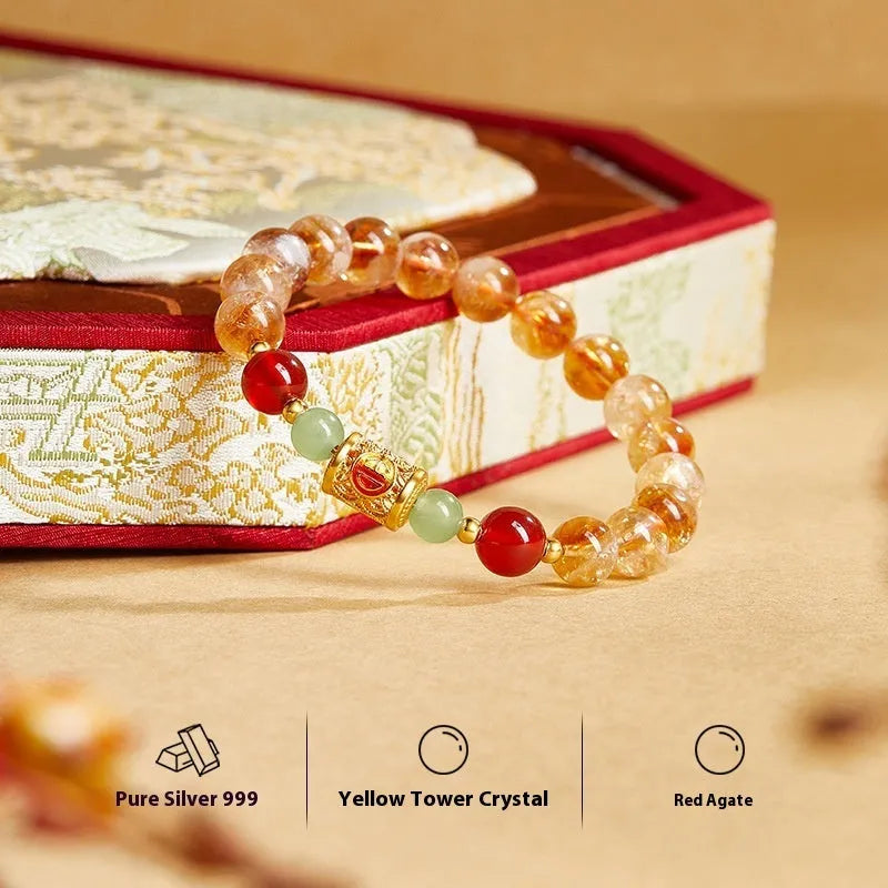 Yellow Chinese bracelet with red agate, Hetian jade, crystal, and sterling silver beads 8mm geometric design