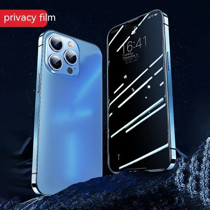 iPhone tempered glass screen protector with second sticker box application kit in transparent, frosted, and peep-proof finishes.