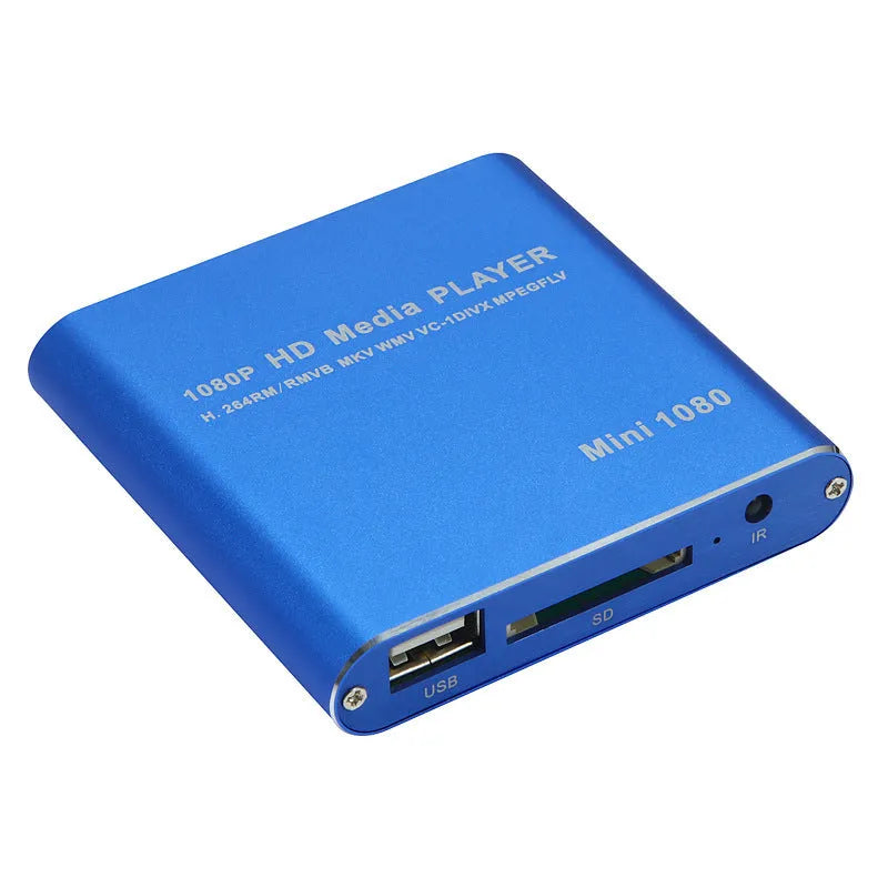 Blue or black Full HD 1080p media player with SD card slot, USB port and HDMI output