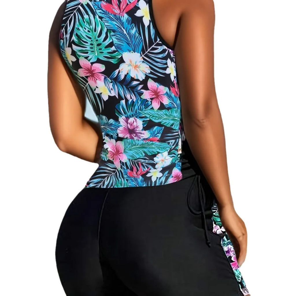 Plus-size woman in a high-waist floral print bikini with a backless design.
