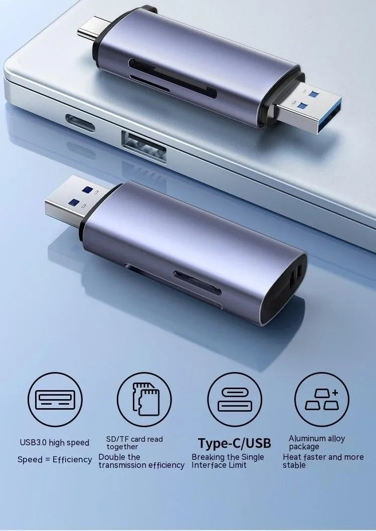 Multi-function aluminium alloy card reader with SD TF Type-C slots and USB 3.0 cable