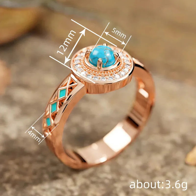 Rose gold copper women's ring with turquoise geometric design and micro inlaid zircon stones.