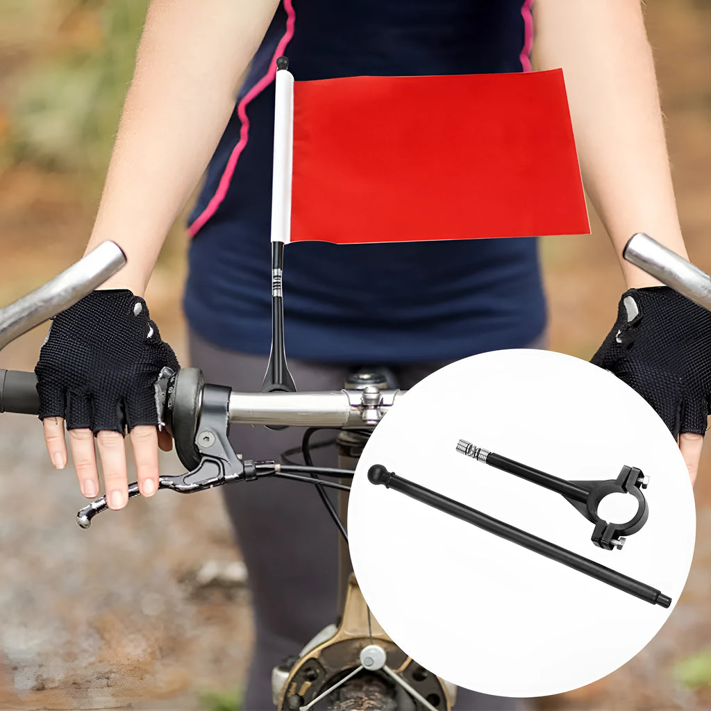 White polyester cycling flag on a plastic handlebar pole for bicycles