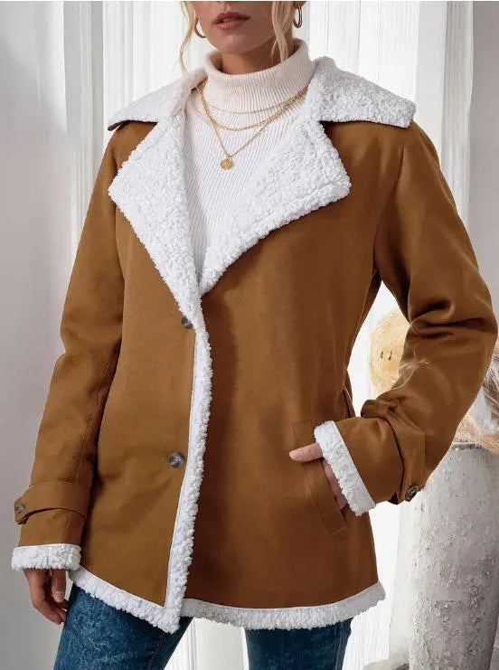 Women's light brown suede lapel mid-length jacket with pockets, loose fit, on hanger