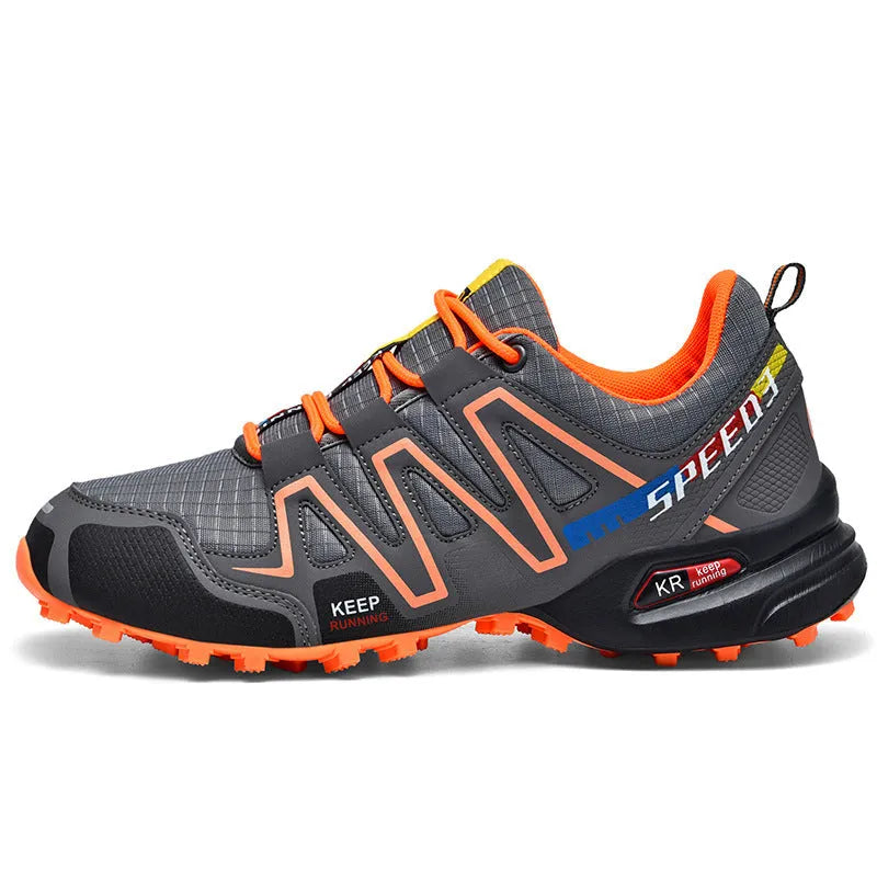 Men's grey orange and dark blue casual running shoes with low-top design on a white background.
