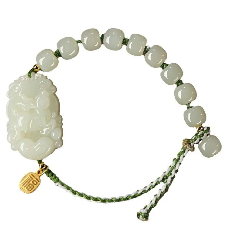 Year of Rabbit Chinese zodiac bracelet with Hetian jade charm, S925 silver card, and red ice cotton rope.