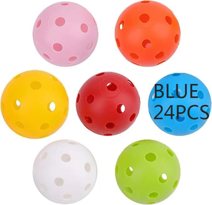 Assorted multi-colour 42mm golf practice balls with a net bag, shown next to practice putting holes.