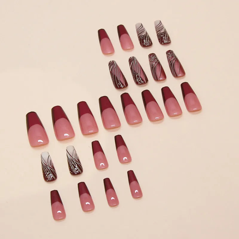 French line pattern fake nail stickers with glue tube on white background