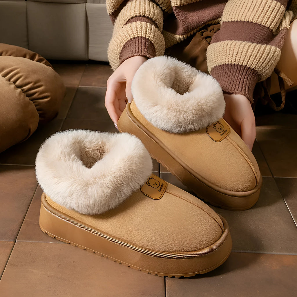 Women's ankle wrap cotton slippers with plush upper, flat heel, available in beige, black, gray, khaki