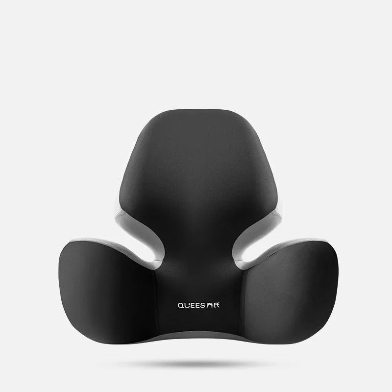 Black and grey memory foam car seat lumbar support pillow and headrest on a car seat.