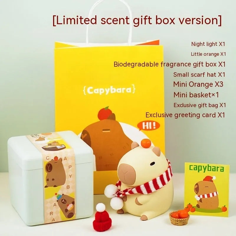 Cute brown Capybara silicone night lamp with soft glow on a bedside table.
