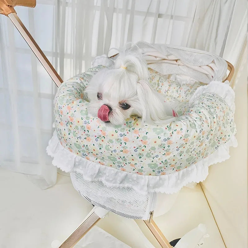 Pure cotton pet stroller pad set with removable towel, cushion, and pillow in a floral pattern.
