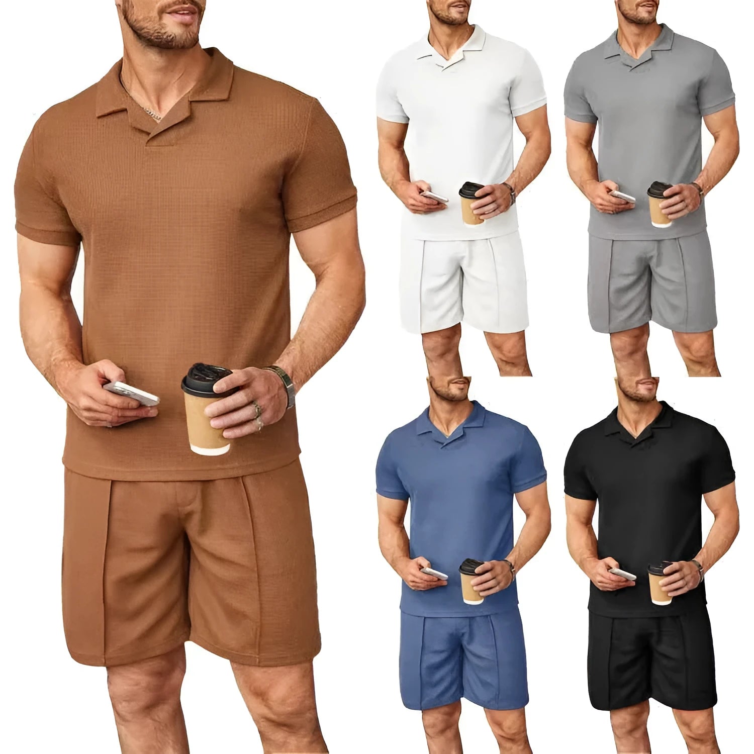 Men's 2pcs set V neck polo shirt and shorts in waffle style, available in multiple colours for summer