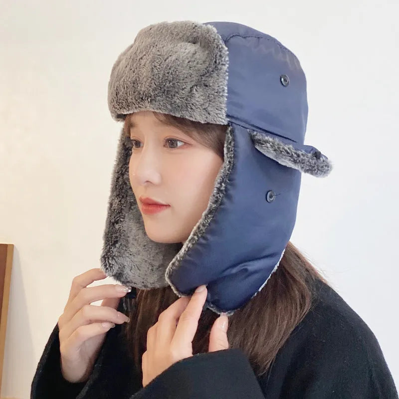 Men's thickened plus velvet ear protection hat in solid colour, cotton construction, 58cm circumference