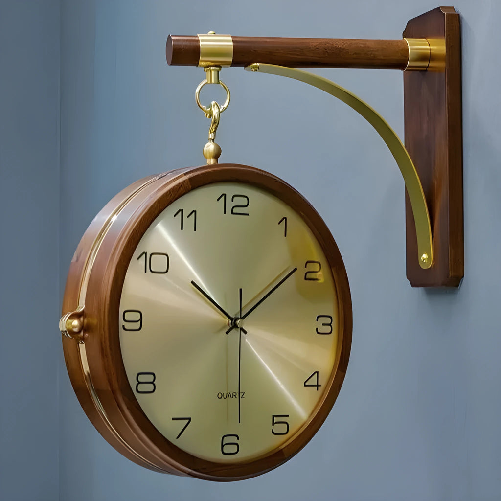 Modern double-sided round wall clock with wood casing, glass mirror, and European-style design