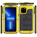 Waterproof metal diving phone case for iPhone in black, red, and yellow