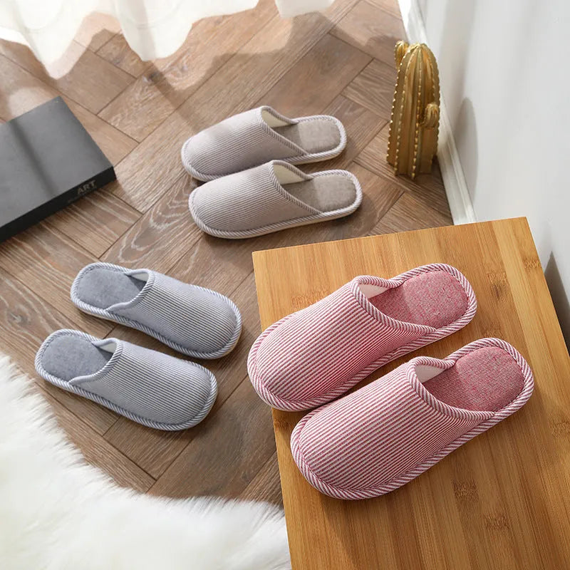 Household stripes indoor non-slip cotton slippers with PVC sole and round toe in khaki colour