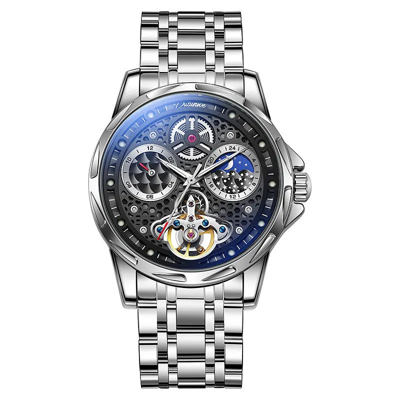 Men's automatic waterproof luminous watch with steel case and choice of leather or metal strap.