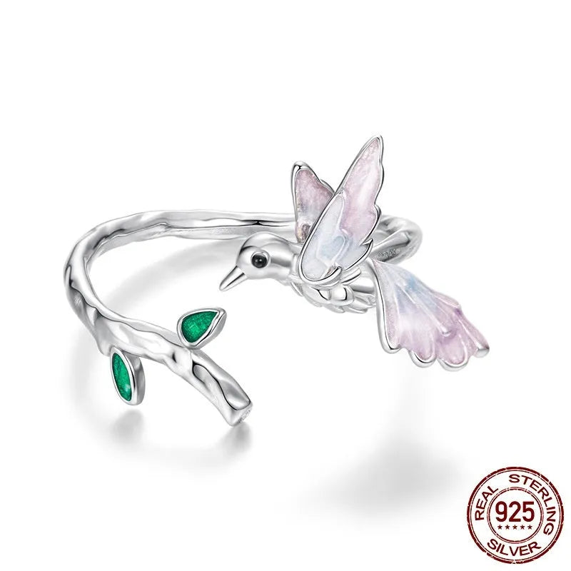 S925 sterling silver kingfisher open ring with adjustable opening and dripping oil finish in colour BSR715-E