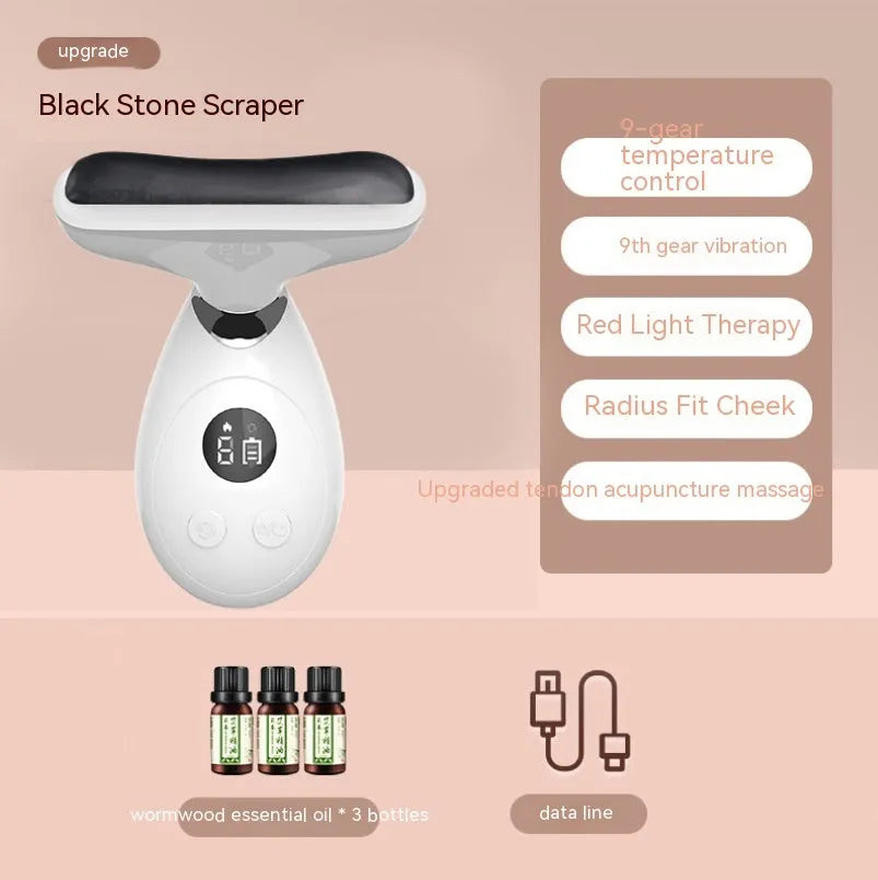 Household electric stone scraping facial massager with Black Stone finish, four gear levels, and temperature adjustment, includes essential oil bottles