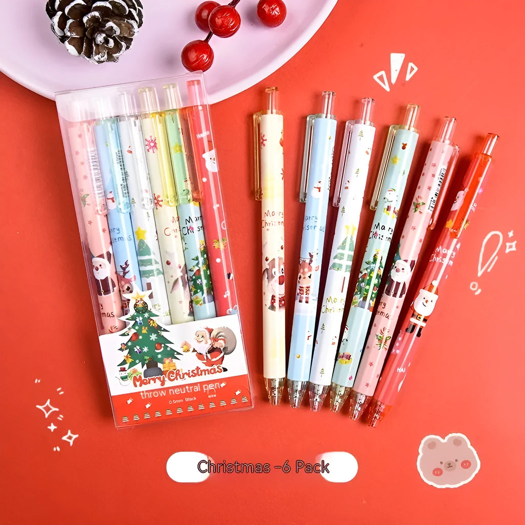 Set of 6 press gel pens with black ink in cartoon series design for Christmas reward gift