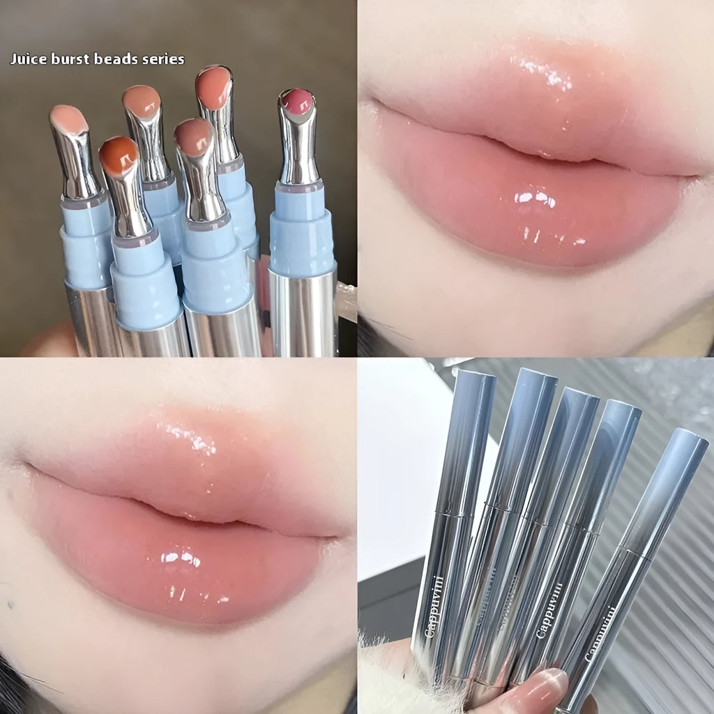 Mirror Water Light lipstick in six ice-toned colours: Almond, Silver, Pear, Raspberry, Peach Gum, and Pomegranate.