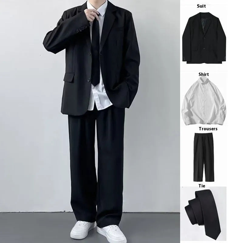 Plus size men's college style suit set featuring a jacket, trousers, white shirt and tie on a hanger.
