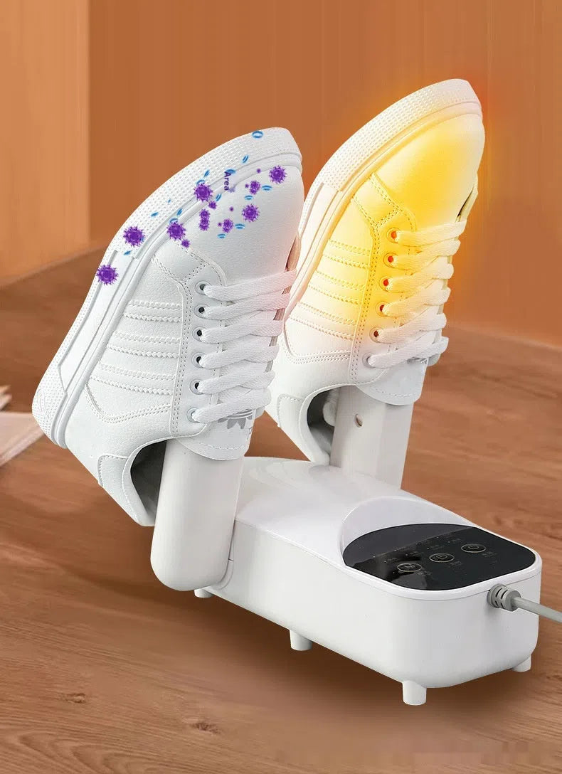 Smart shoe dryer in white and green colours with UV sterilisation feature for drying and deodorising footwear