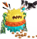Blue and red TPR rubber dog chew toy with treat dispenser hole and dental bumps.
