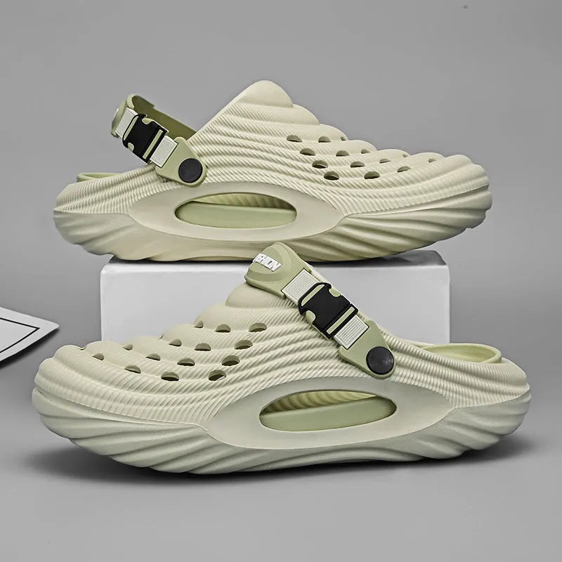 Men's solid colour EVA platform slippers with hollow-out design in light green.