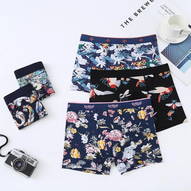 Men's floral print cotton boxer shorts with a U-shaped design, shown in extended sizes.