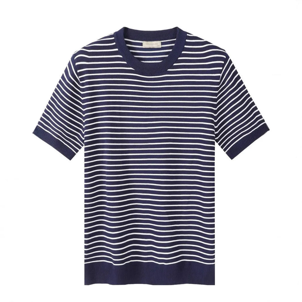 Men's high-grade casual striped round neck knitted T-shirt in green, blue, brown; short sleeve summer top Harajuku style