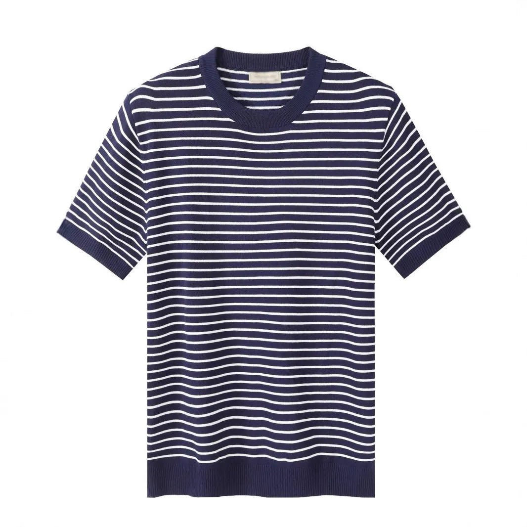 Men's high-grade casual striped round neck knitted T-shirt in green, blue, brown; short sleeve summer top Harajuku style